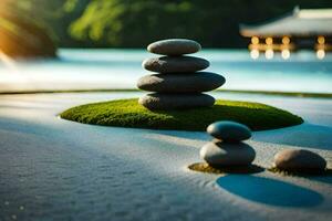 a zen garden with stones and water. AI-Generated photo