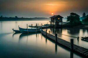 un barco muelle a puesta de sol con un casa en el antecedentes. generado por ai foto