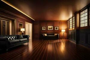 a room with dark wood paneling and a black couch. AI-Generated photo