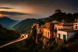 foto fondo de pantalla el cielo, montañas, camino, atardecer, el camino, el camino, el la carretera. generado por ai