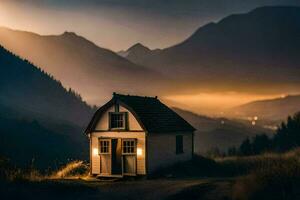 un pequeño casa en el montañas a puesta de sol. generado por ai foto