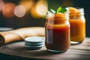 two mason jars filled with orange juice and mint leaves. AI-Generated photo