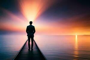 a man in a suit stands on a dock looking out at the ocean. AI-Generated photo