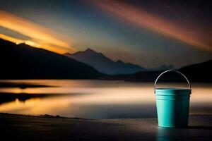 a blue bucket sits on the ground near a lake. AI-Generated photo