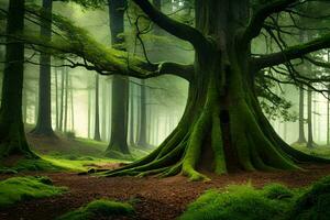 a large tree in the middle of a forest. AI-Generated photo
