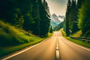 a road in the mountains with trees and mountains in the background. AI-Generated photo