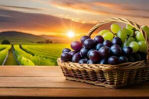 grapes in a basket on a table in front of a vineyard. AI-Generated photo