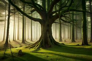 un grande árbol en el medio de un bosque. generado por ai foto