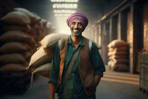 Indian farmer carrying sack at warehouse. Generate Ai photo