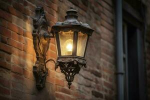 Lamp lightning on old brick wall. Generate ai photo