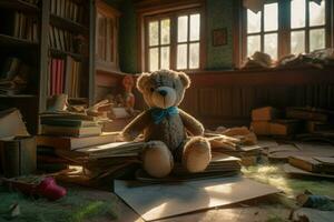 Old house with book stack and teddy bear in room. Generate Ai photo