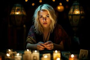 Tarot reader looking beauty female with burning candles. Generate Ai photo