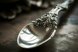 Vintage silver antique spoon cutlery. Generate ai photo