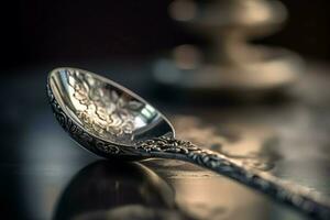 Closeup photo of silver antique spoon. Generate ai