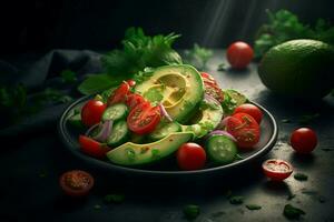 Tomato cucumber avocado salad plate. Generate Ai photo