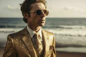 Man wearing glowing beige suit on seashore beach. Generate ai photo