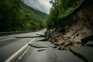 Destroyed road asphalt mountains landslide. Generate Ai photo