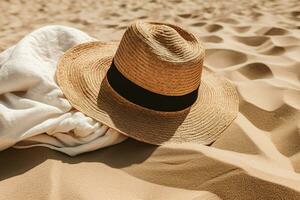 playa toalla Paja sombrero caliente día festivo. generar ai foto