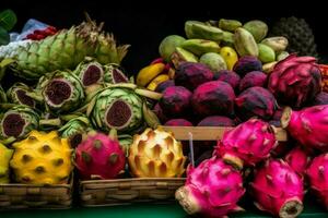 Exotic fruits stall market basket. Generate Ai photo