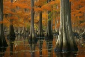 Cypress autumn trees swamp. Generate Ai photo