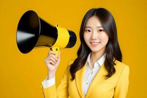 asian woman in yellow suit holding a megaphone, AI Generative photo