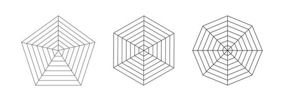 Pentagon, hexagon, octagon graphs. Collection of radar spider templates. Spider mesh. Set of blank radar charts. Flat web diagrams for statistic, analytics. Vector outline illustration.