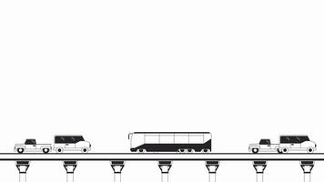 rör på sig fordon motorväg bro bw översikt 2d objekt animation. upphöjd väg med ridning bilar svartvit linjär tecknad serie 4k video. transport trafik, speedway animerad Artikel isolerat på vit bakgrund video