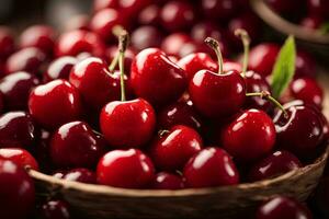 vívido de cerca Disparo de Fresco cerezas en un bol. ai generado foto