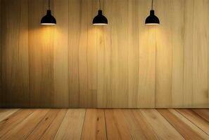 ligero color de madera pared con Tres luces colgando en techo ai generado foto