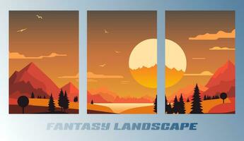 Set of landscape cartoon design posters with the sun and mountains. Vector illustration.