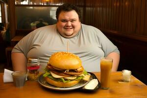 fat man with a huge belly is sitting at a table in a cafe with a huge hamburger. AI Generative photo