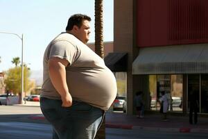 un grasa hombre con un enorme barriga es caminando abajo un ciudad calle. ai generativo foto