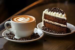 un taza de delicioso café y un pedazo de pastel en el mesa en un acogedor ciudad cafetería. ai generativo foto