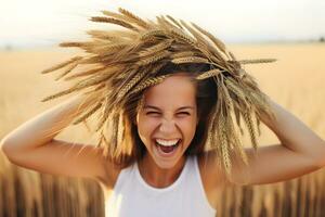 a beautiful positive girl with wheat ears in beautiful long hair. AI Generative photo