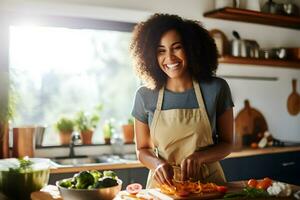 happy mulatto girl cooks food in the kitchen. AI Generative photo
