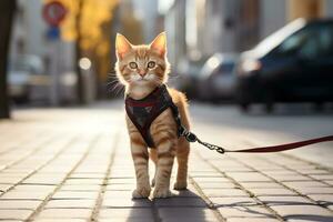 a red-haired cat on a harness walks around a sunny city. AI Generative photo