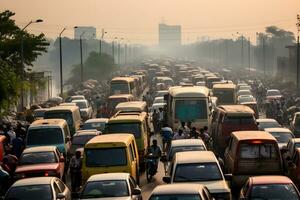 tráfico Enjambres en el carreteras de India. un grande número de carros, peatones y ciclomotores. ai generativo foto