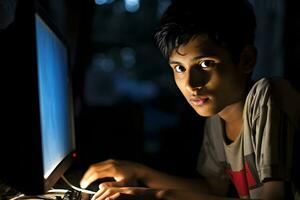 Indian teenager is working at a computer. Indian student studying online. AI Generative photo