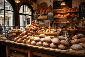 Bread shop. Various types of fresh bread loaves on the shelves of private bakery. AI Generative photo
