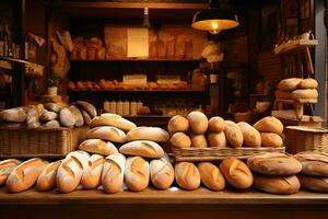 Bread shop. Various types of fresh bread loaves on the shelves of private bakery. AI Generative photo