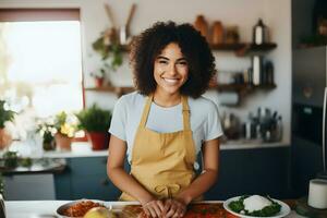 happy mulatto girl cooks food in the kitchen. AI Generative photo