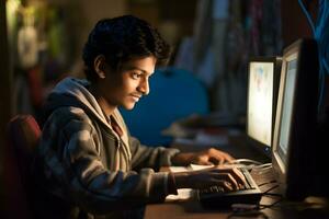 indio adolescente es trabajando a un computadora. indio estudiante estudiando en línea. ai generativo foto