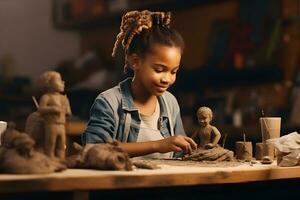 African-American girl sculpts a clay craft while sitting at a table in workshop. AI Generative photo