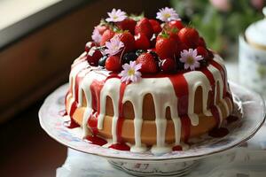 a beautiful delicious cake decorated with milk cream, fruits and berries. AI Generative photo