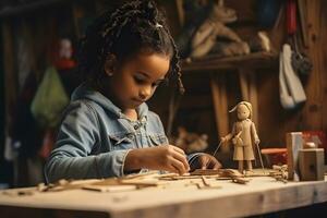 African-American girl makes a wooden doll sitting at a table in a workshop. AI Generative photo