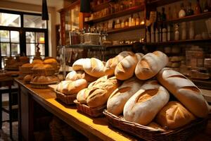 Bread shop. Various types of fresh bread loaves on the shelves of private bakery. AI Generative photo