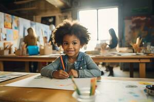 African-American girl draws sitting at a table in a workshop. AI Generative photo