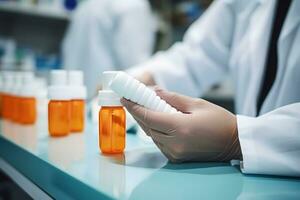 pharmacist's hands in protective rubber gloves check the jars of medicines. AI Generative photo