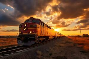 long-distance passenger train is traveling at speed in the rays of setting sun. AI Generative photo