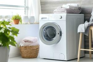 Bathroom interior with large window, modern washing machine, decor, flowers. AI Generative photo